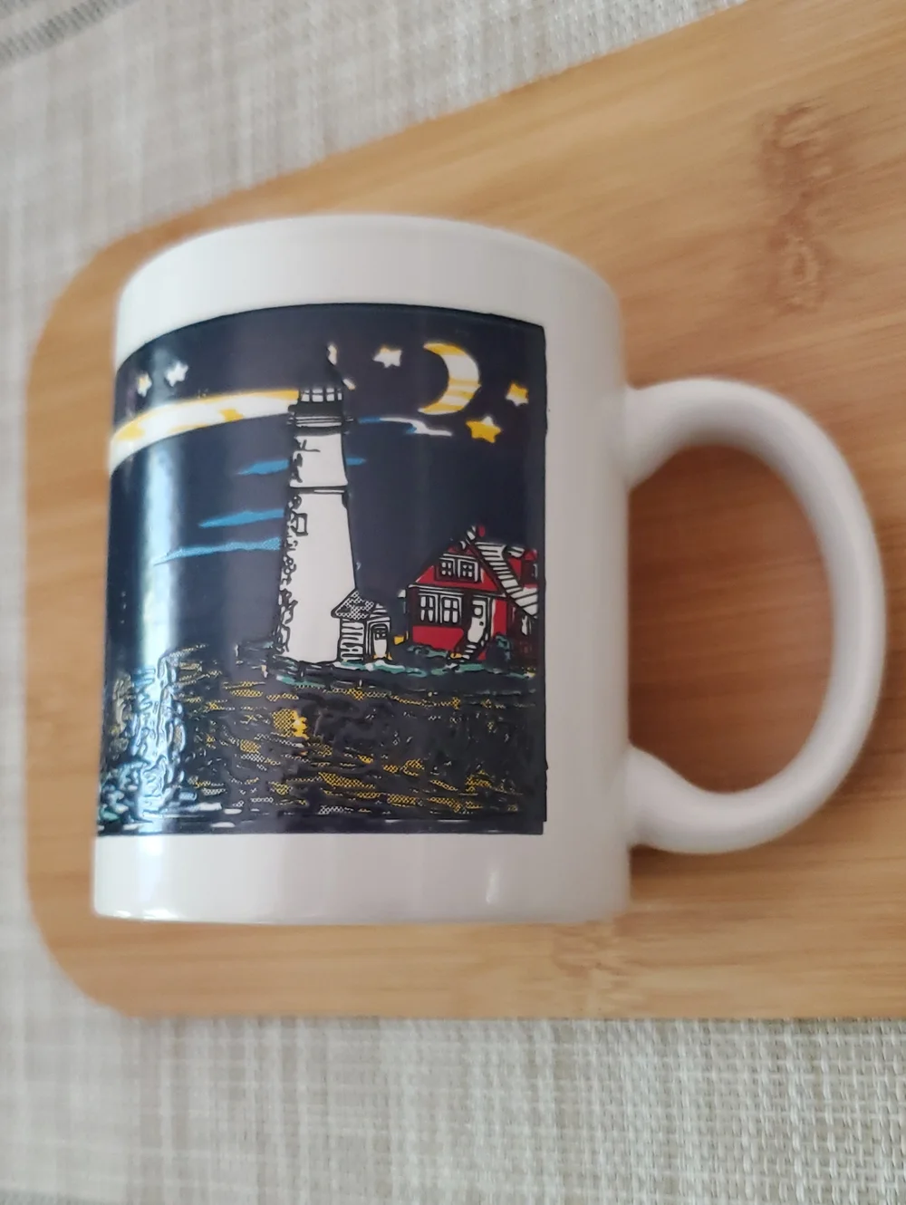 Ceramic Lighthouse Coffee Mug in White with Navy Night Scene Made In USA
